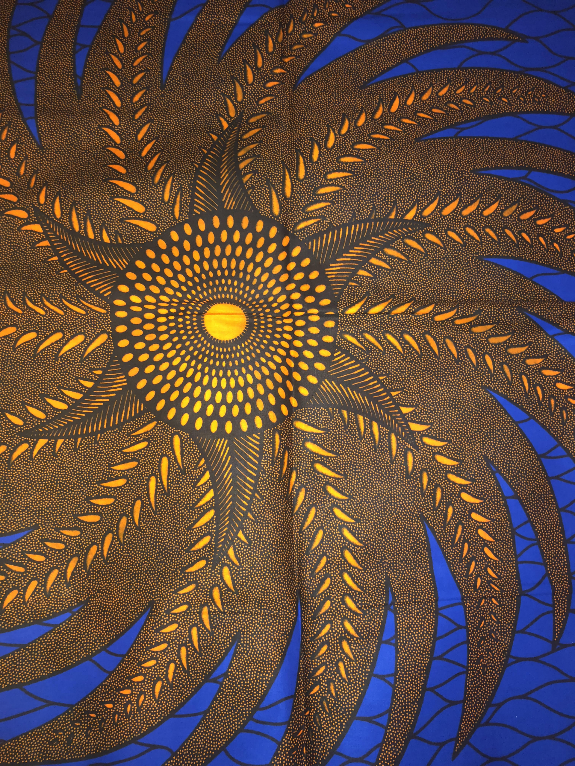 Blue and Orange Spiked Disk Ankara African Print Fabric