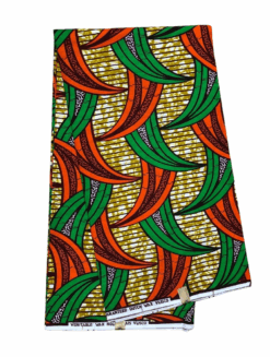 Green Orange Brown Black White Leaves Ankara African Print Fabric 6 Yards