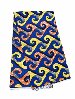 Blue Orange Yellow Black White Curled Waves Ankara African Prints Fabric 6 Yards