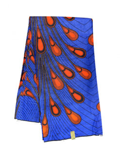 Blue Orange Black Electric Bulb Peacock Feathers Spread Out Ankara African Print Fabric 6 Yards