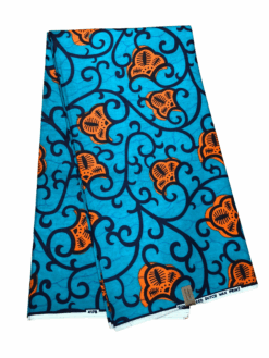 Blue Teal Black Orange Flowers Vines Ankara African Print Fabric 6 Yards