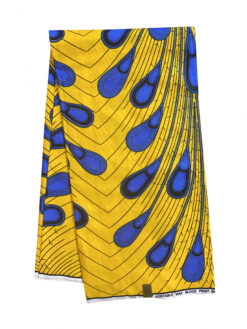 Yellow Blue Black Electric Bulb Peacock Feathers Spread Out Ankara African Print Fabric 6 Yards