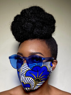 White Blue Yellow Flowers Ankara African Print Face Mask