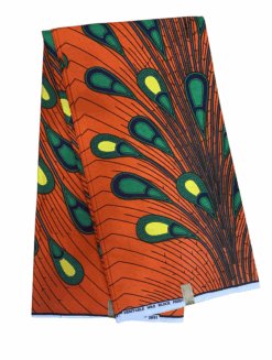 Orange Black Green Yellow White Electric Bulb Peacock Feathers Spread Out Ankara African Print Fabric 6 Yards