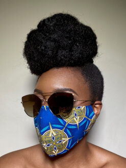 Blue Gold Black White Gold Glitter Circles Spikes Diamonds Ankara African Print Face Mask