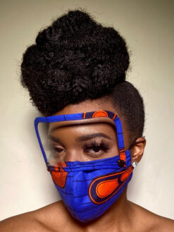 Blue Orange Black Peacock Feather Ankara African Print Face Mask with Detachable Eye Shield