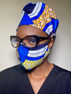 Blue Orange Yellow Black White Geometric Ankara African Print Face Mask Scrub Cap Hat Set with Buttons for Elastic Bands