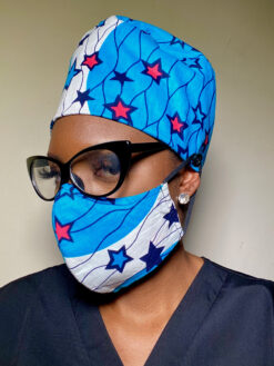 Blue White Pink Black Stars Ankara African Print Face Mask Scrub Cap Hat with Buttons for Elastic Bands