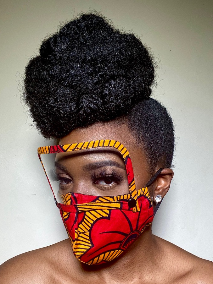 Mustard Red Black Flower Rolls Royce Flowers Fleurs De Mariage Mgbolodi Ankara African Print Face Mask with Detachable Eye Shield and Straw Hole (Custom Order)