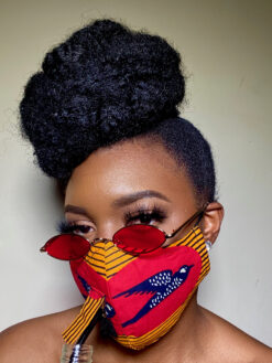 Mustard Red Black White Speed Bird Ankara African Print Drinking Face Mask with Straw Hole