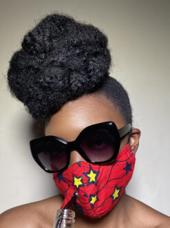 Red Black Yellow Stars Ankara African Print Drinking Face Mask with Straw Hole