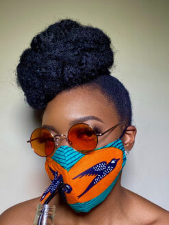 Teal Orange Black Speed Bird Ankara African Print Drinking Face Mask with Straw Hole