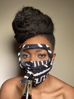 Black White Mud Cloth Ankara African Print Face Mask with Detachable Eye Shield and Straw Hole