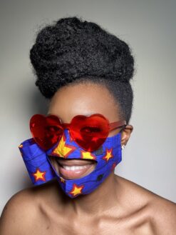 Alternative view of Blue Red Yellow Black Stars Ankara African Print Eating Face Mask