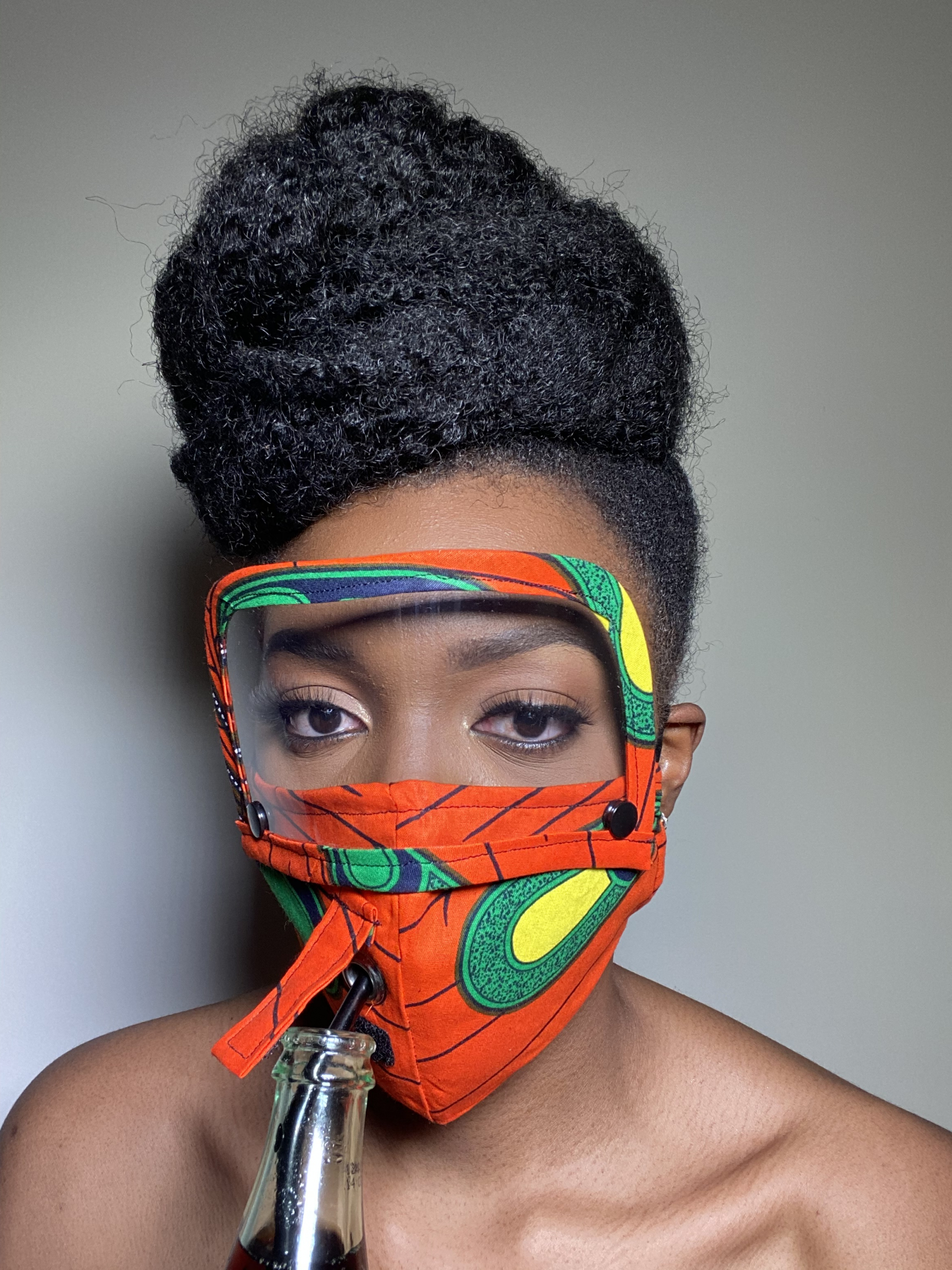 Orange Yellow Green Black Peacock Ankara African Print Mask with Detachable Eye Shield and Straw Hole