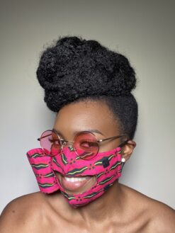 Alternative view of Pink Black Yellow Lips Ankara African Print Eating Face Mask