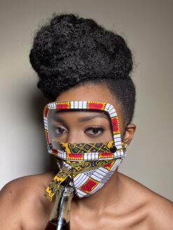 White Black Yellow Red Geometric Ankara African Print Face Mask with Detachable Eye Shield and Straw Hole