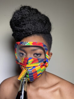 Yellow Blue Red Green Kente Ankara African Print Face Mask with Detachable Eye Shield and Straw Hole
