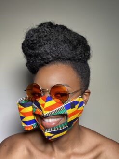 Alternative view of Yellow Orange Blue Green Kente Ankara African Print Eating Face Mask