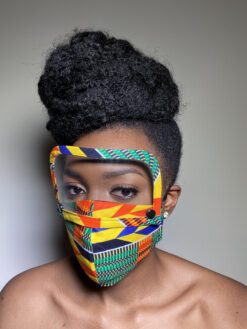 Yellow Orange Blue Green Kente Ankara African Print Face Mask with Detachable Eye Shield