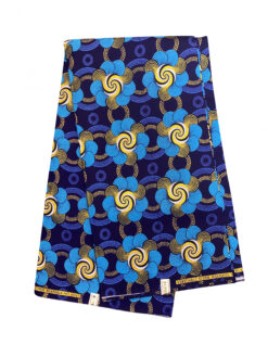 Blue Gold Flower Swirl Glitter Ankara African Print Fabric 6 Yards