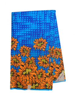 Blue Orange Yellow Flowers Bed Ankara African Print Fabric 6 Yards
