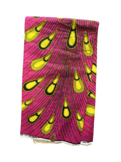 Pink Yellow Black Electric Bulb Peacock Feathers Spread Out Ankara African Print Fabric 6 Yards