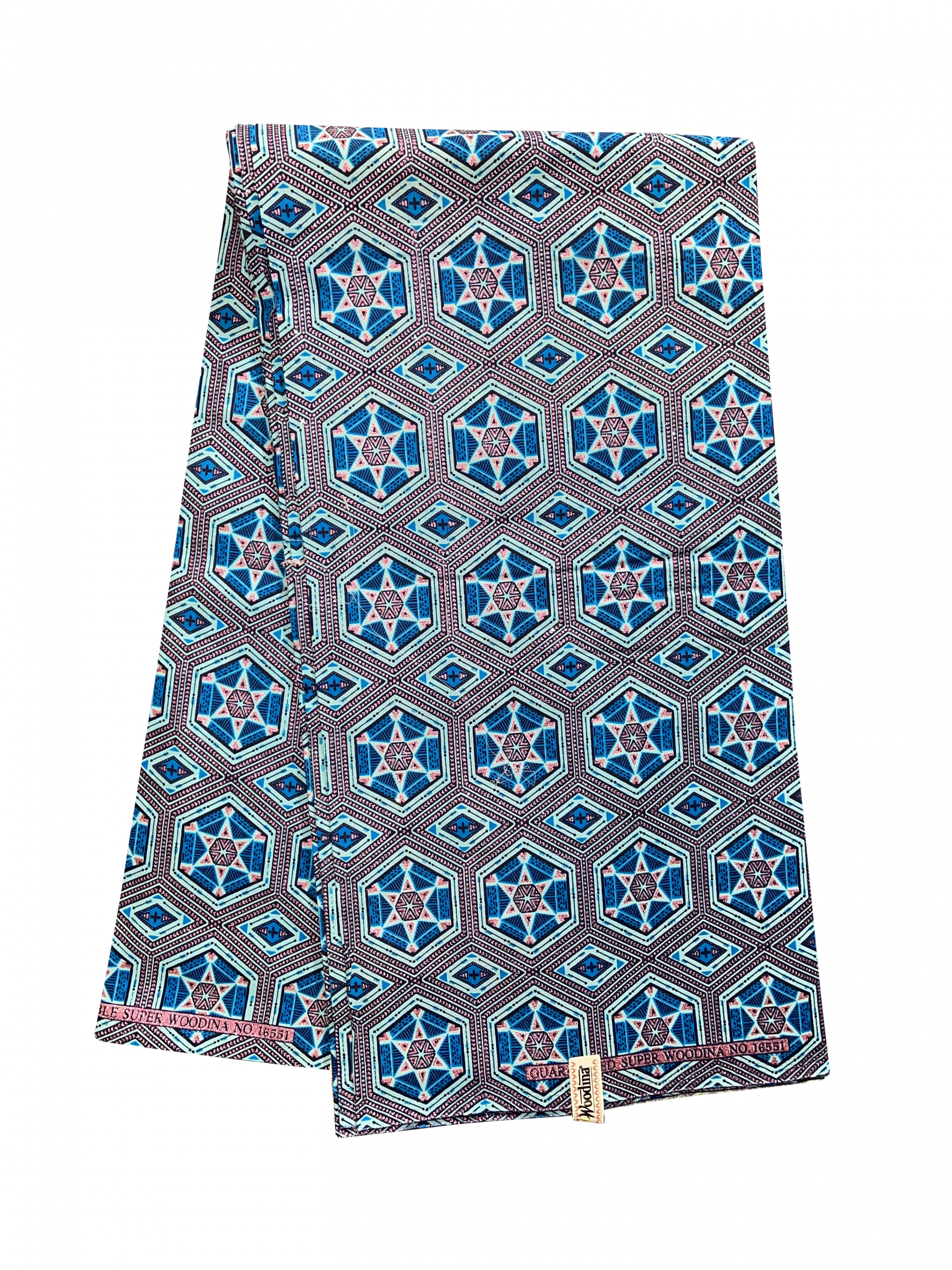 Blue Pink Black Pentagon Glitter Ankara African Print Fabric 6 Yards