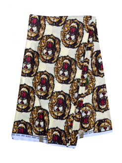 Yellow Tan Brown White Red Isi Agu Lion Head Chieftaincy Ankara African Print Fabric 6 Yards