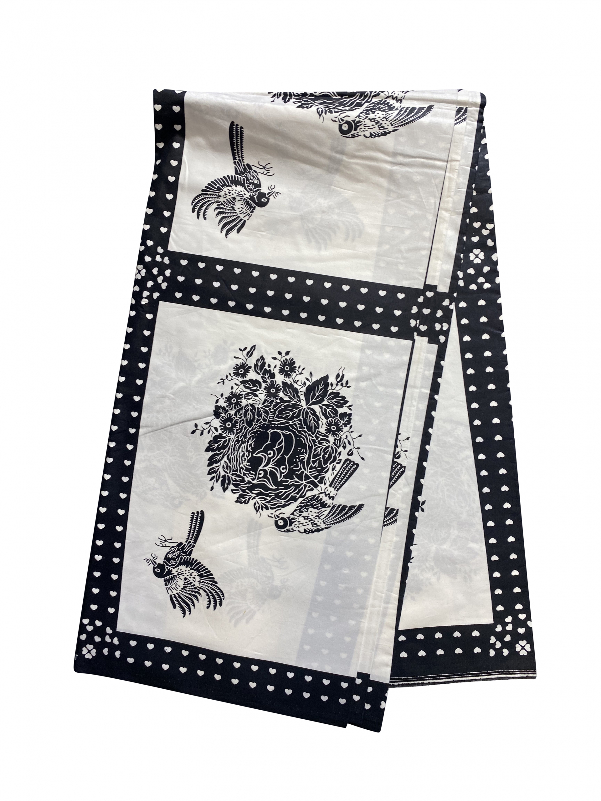 White Black Birds Nest Hearts Ankara African Print Fabric 6 Yards
