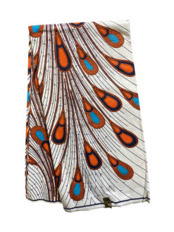 White Orange Teal Black Electric Bulb Peacock Feathers Spread Out Ankara African Print Fabric 6 Yards