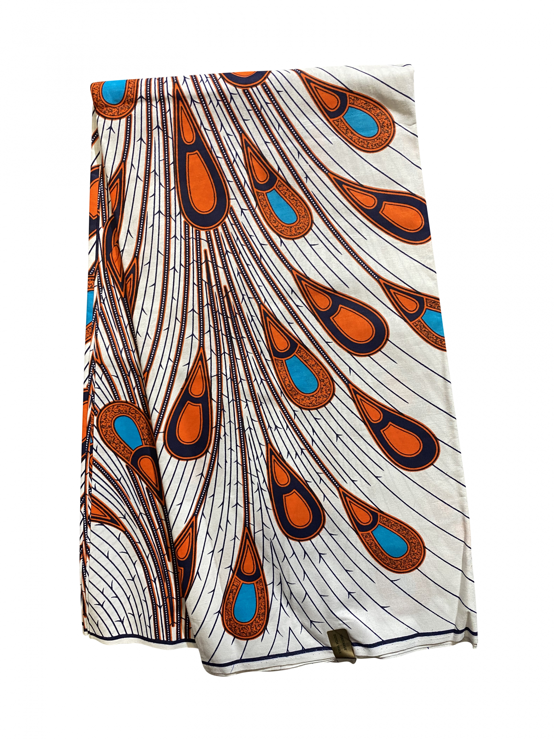 White Orange Teal Black Electric Bulb Peacock Feathers Spread Out Ankara African Print Fabric 6 Yards