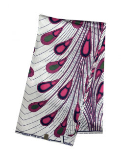 White Pink Black Electric Bulb Peacock Feathers Spread Out Ankara African Print Fabric 6 Yards