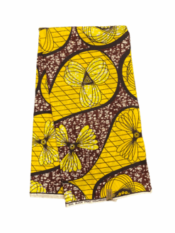 Yellow Brown Black White Spiral Art Ankara African Print Fabric 6 Yards