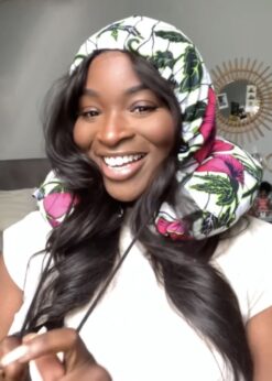 Alternative view of White Pink Green Black Hibiscus Flower Ankara African Print Neck Pillow Hoodie