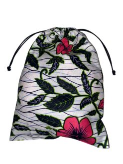White Pink Green Black Hibiscus Flower Ankara African Print Drawstring Storage Bag
