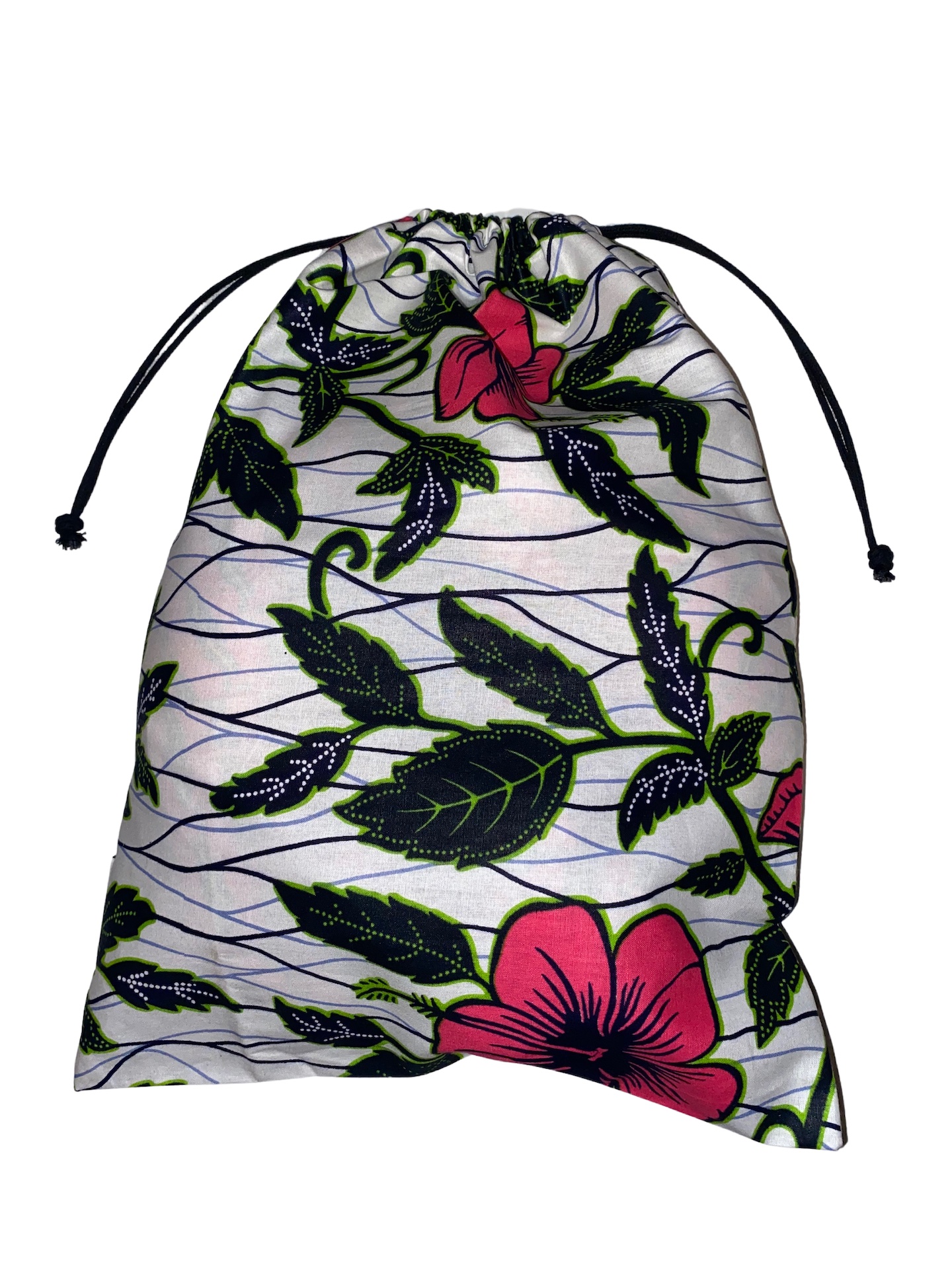 White Pink Green Black Hibiscus Flower Ankara African Print Drawstring Storage Bag