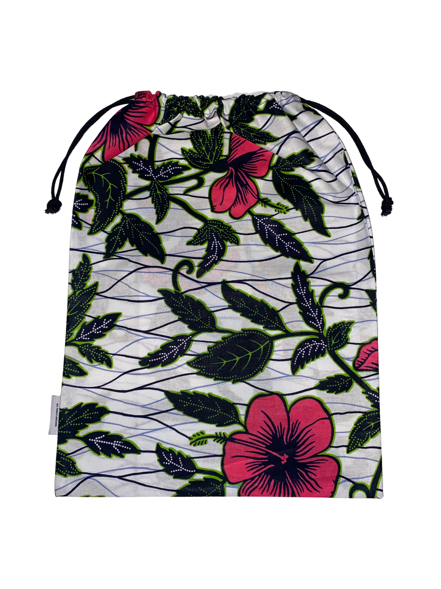 White Pink Green Black Hibiscus Flower Ankara African Print Drawstring Storage Bag - Image 5
