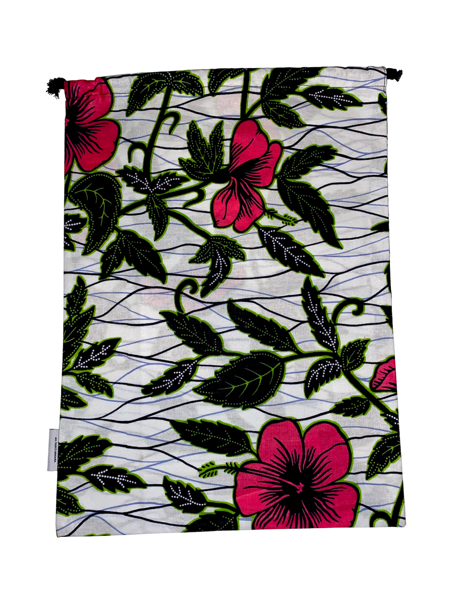 White Pink Green Black Hibiscus Flower Ankara African Print Drawstring Storage Bag - Image 6