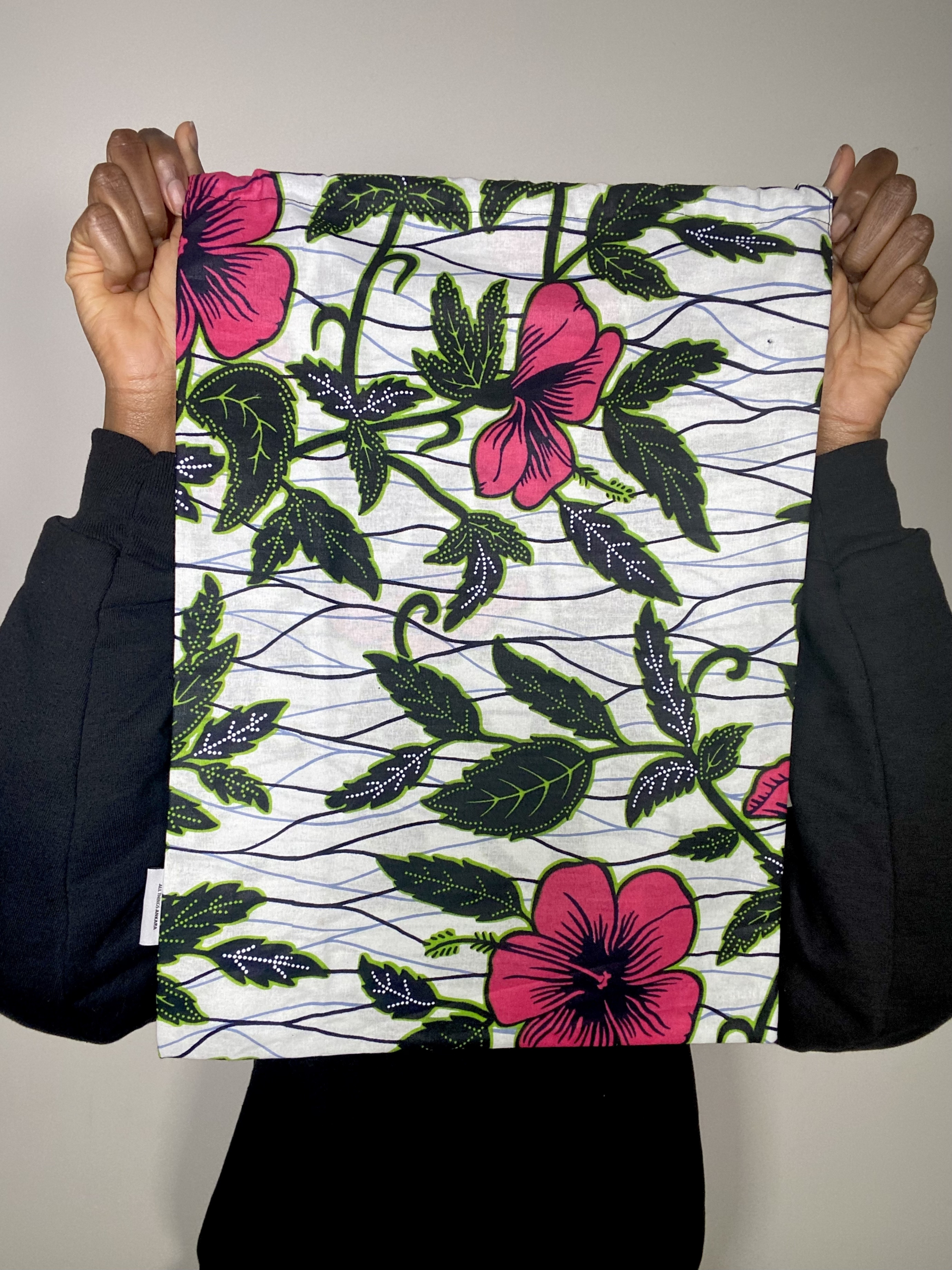 White Pink Green Black Hibiscus Flower Ankara African Print Drawstring Storage Bag - Image 4