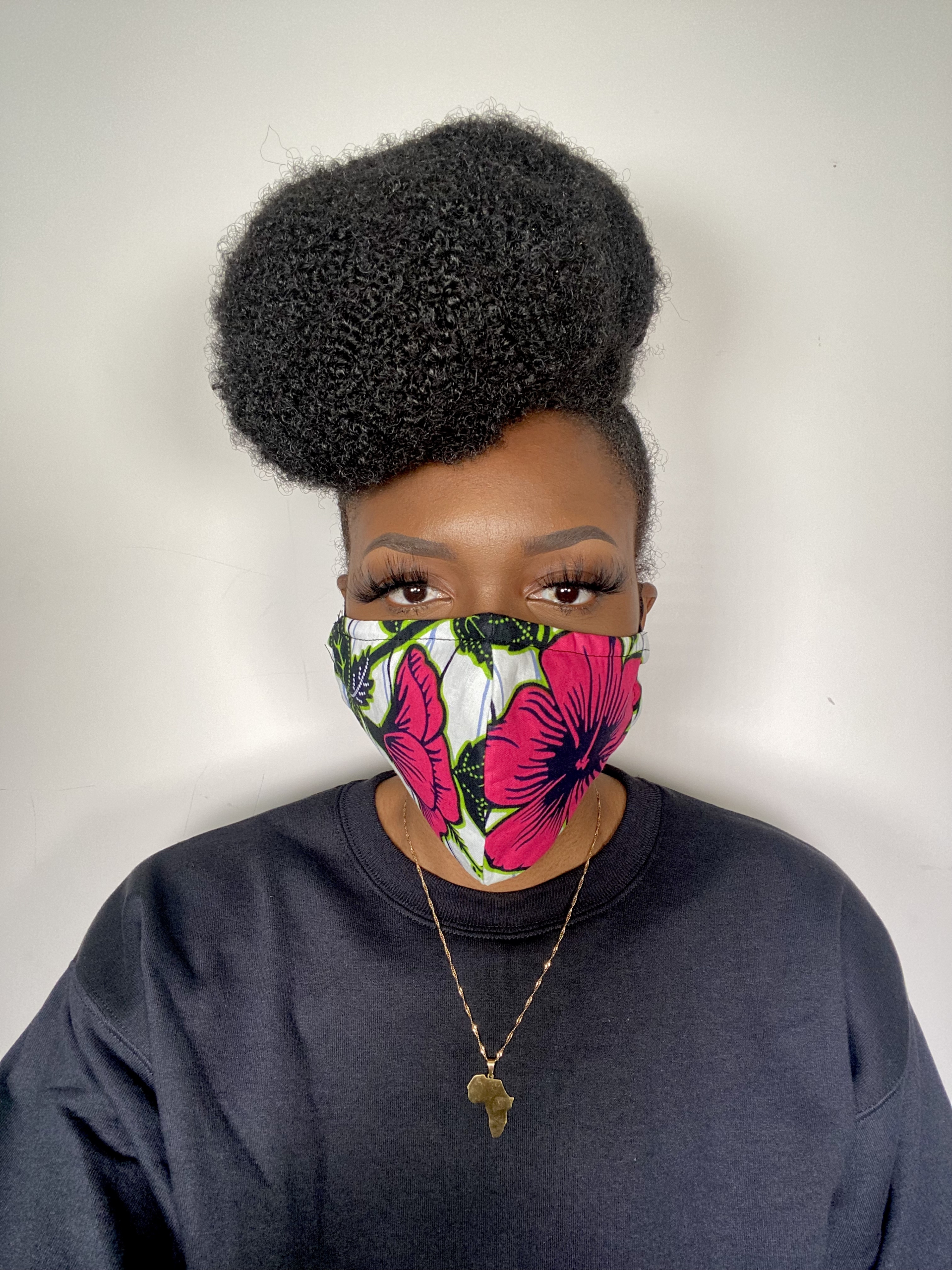 White Pink Green Black Hibiscus Flower Ankara African Print Face Mask - Image 4