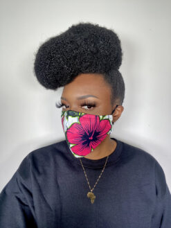 Alternative view of White Pink Green Black Hibiscus Flower Ankara African Print Face Mask