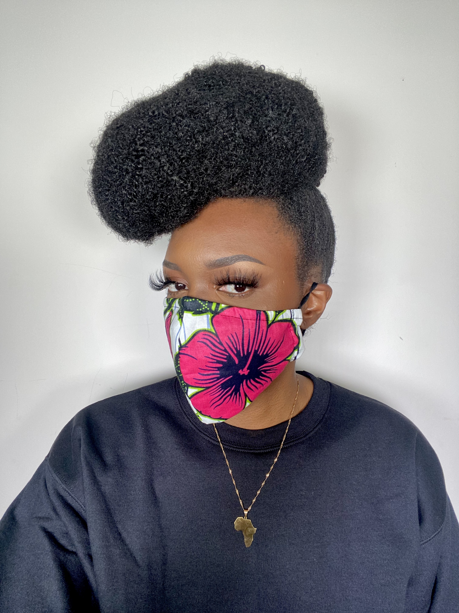 White Pink Green Black Hibiscus Flower Ankara African Print Face Mask - Image 2