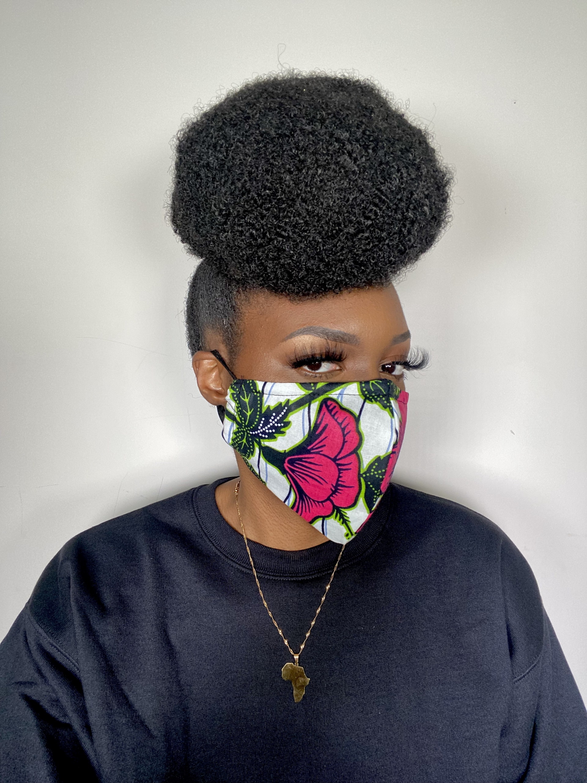 White Pink Green Black Hibiscus Flower Ankara African Print Face Mask - Image 5