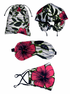 White Pink Green Black Hibiscus Flower Ankara African Print Neck Pillow Hoodie Travel Set