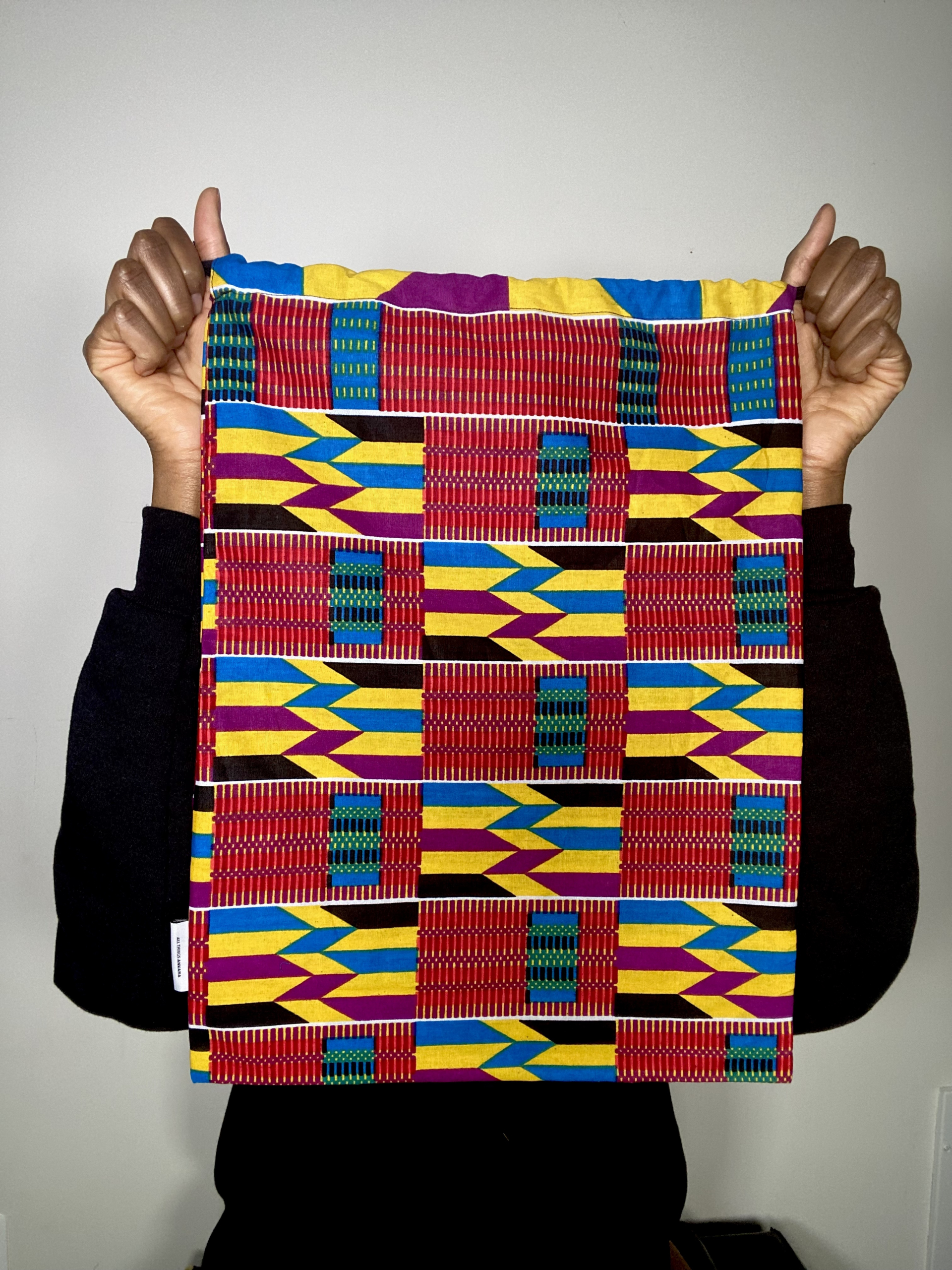 Yellow Blue Purple Black White Kente Ankara African Print Drawstring Storage Bag - Image 2
