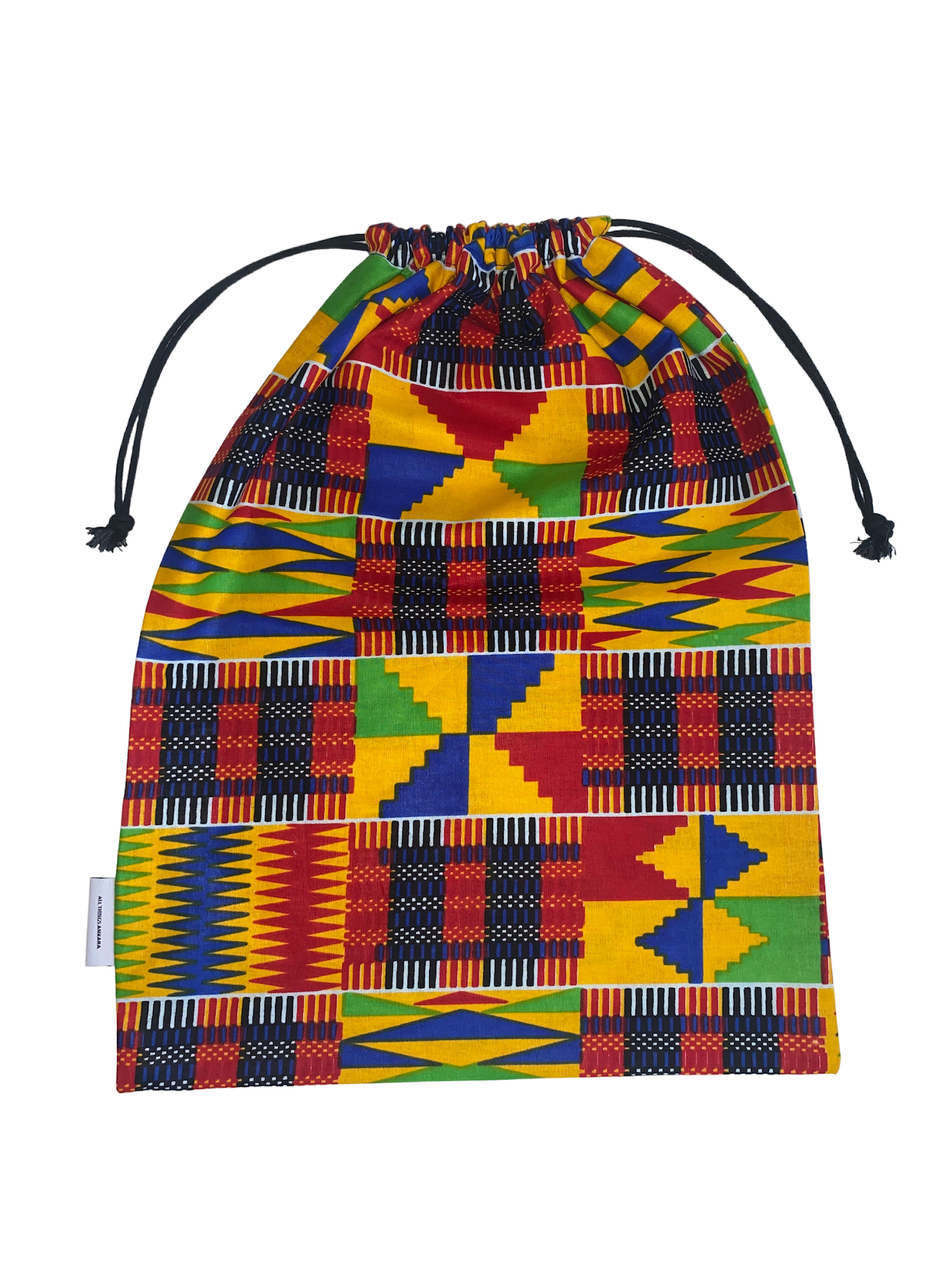 Yellow Red Green Blue Black White Kente Ankara African Print Drawstring Storage Bag - Image 3
