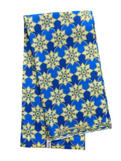Blue Gold Pointy Flowers Glitter Ankara African Print Fabric 6 Yards