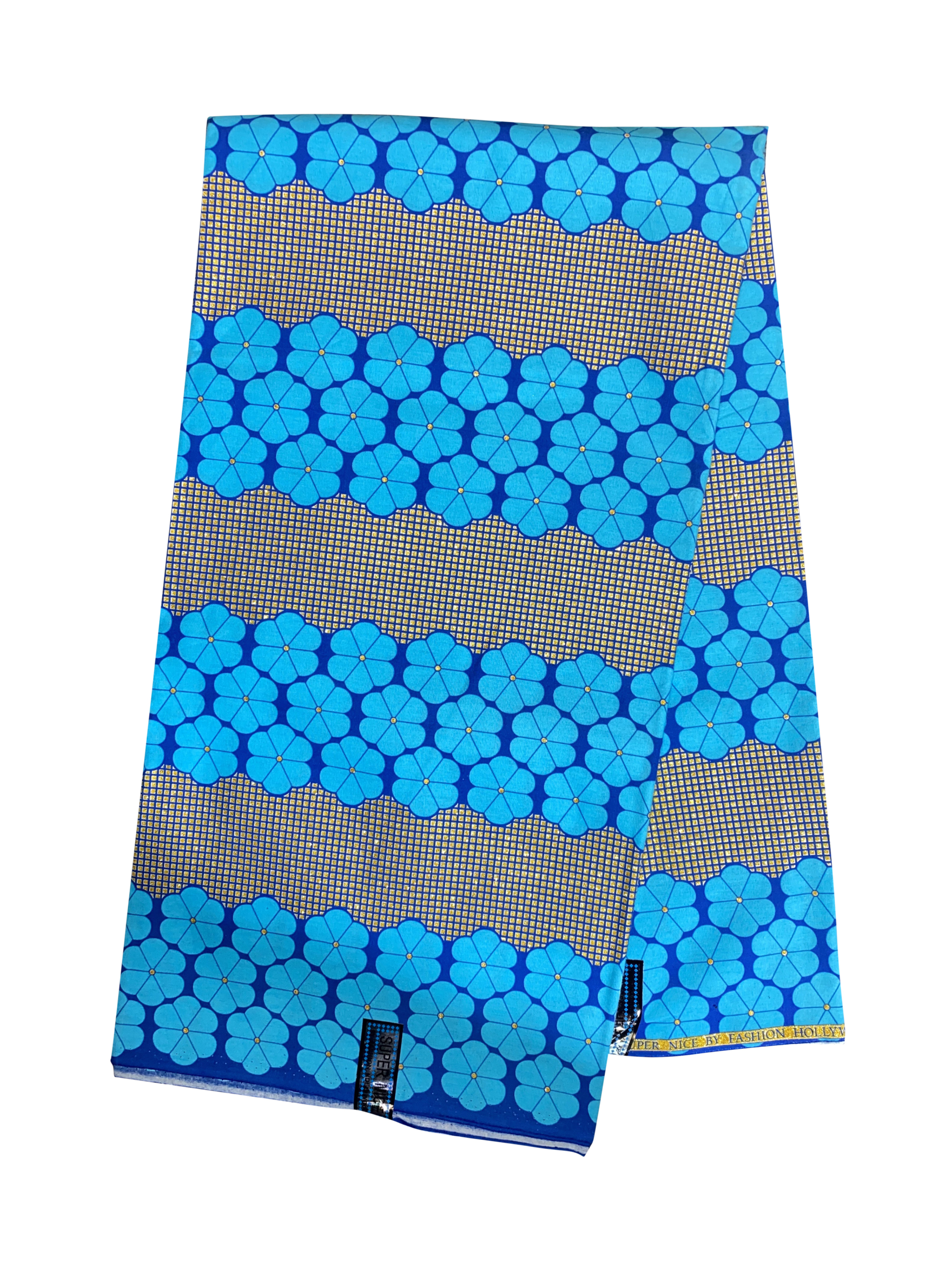 Blue Gold Rounded Flower Mini Squares Glitter Ankara African Print Fabric 6 Yards
