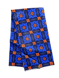 Blue Orange Black White Square Flowers Ankara African Print Fabric 6 Yards